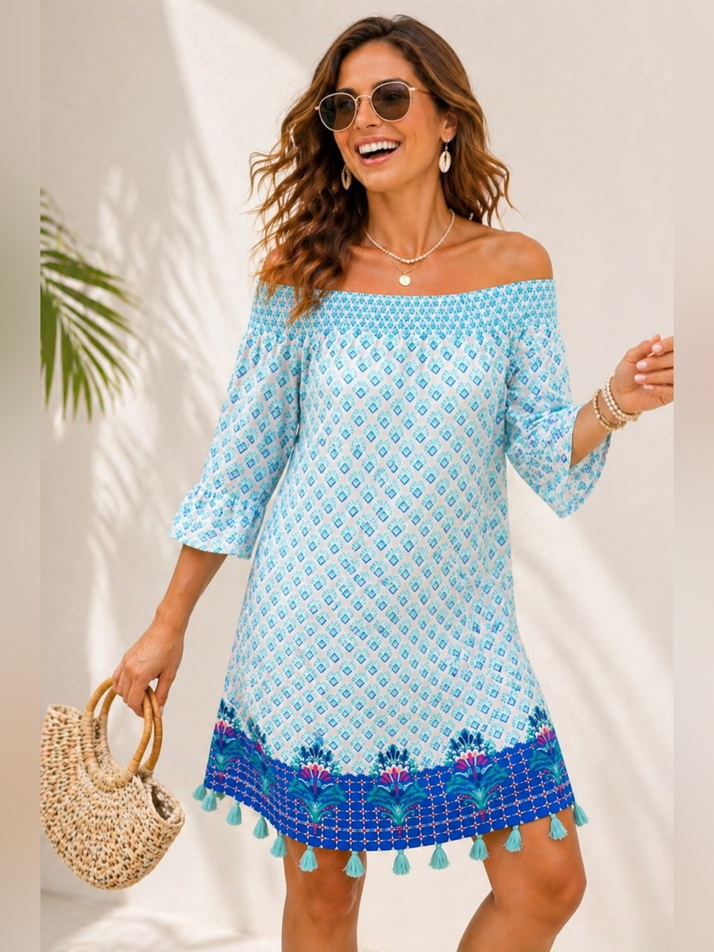 Cabana Life Light Blue Off-Shoulder Tassel Swim Coverup
